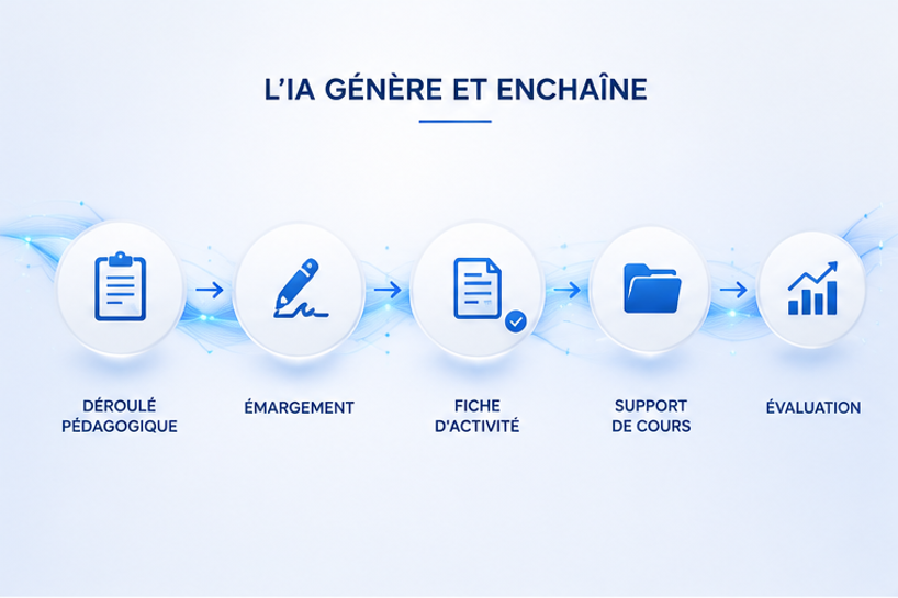 L'IA génère et enchaîne le déroulé pédagogique, l'émargement, la fiche d'activité, le support de cours et l'évaluation