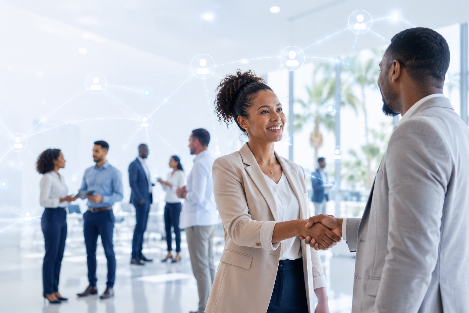 Un centre et un formateur se serrent la main, entourés d'un réseau connecté de profils