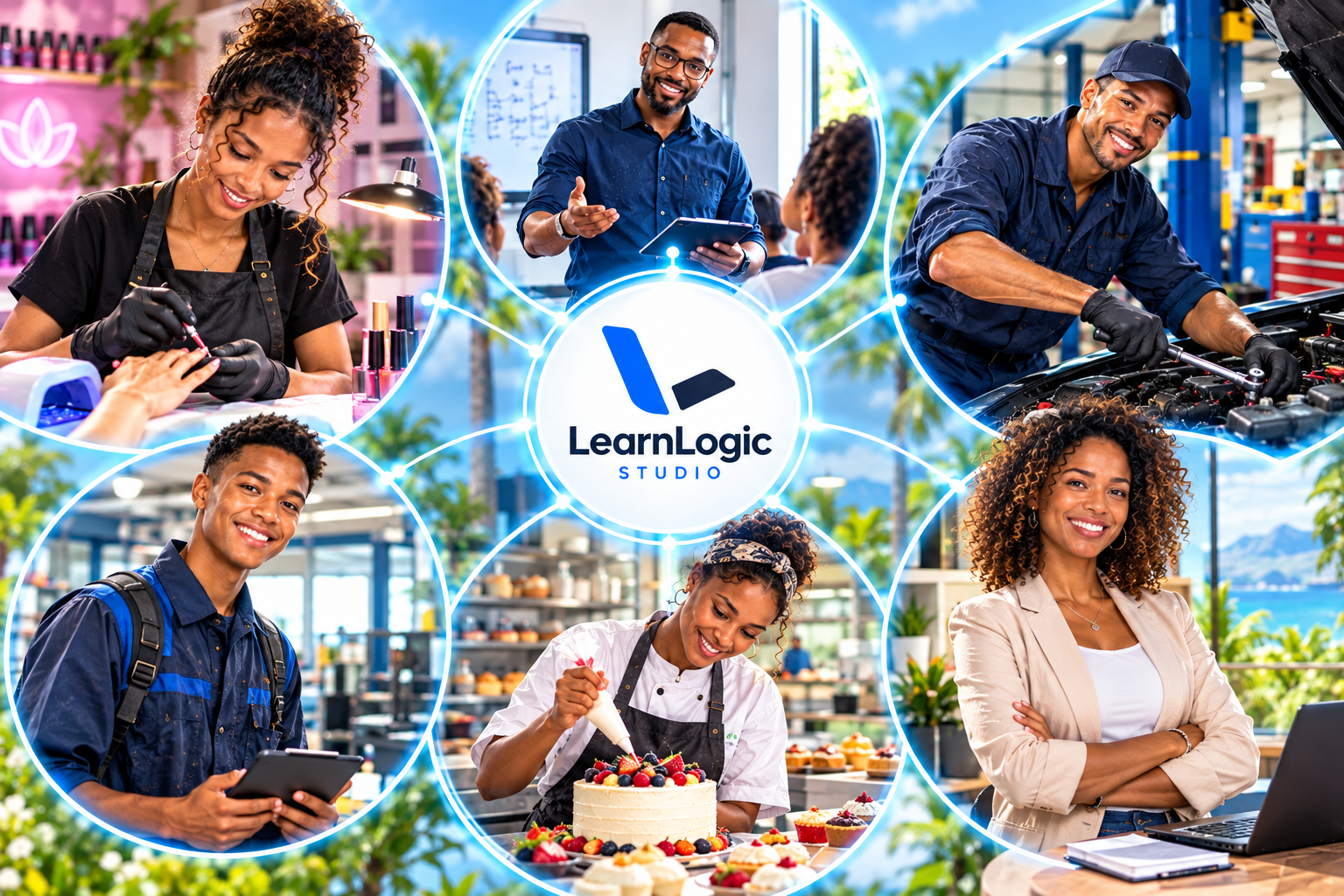 Six professionnels des Antilles-Guyane — prothésiste ongulaire, formateur, mécanicien, alternant, pâtissière, entrepreneuse — réunis autour de l'écosystème LearnLogic Studio